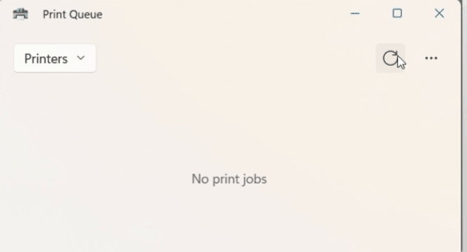 Jendela Print Queue Windows yang sudah kosong dengan keterangan No print jobs setelah spooler dibersihkan