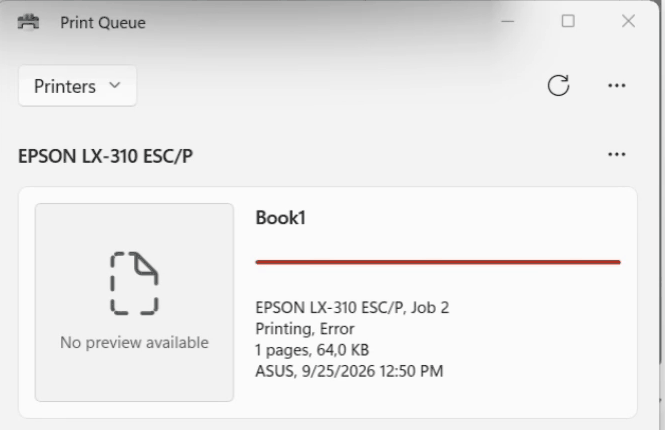 Jendela Print Queue Windows menampilkan dokumen Book1 dengan status Printing, Error pada printer EPSON LX-310