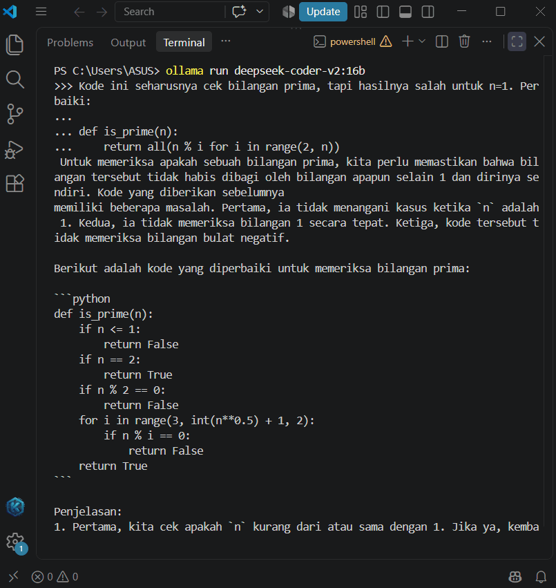 Jawaban deepseek-coder-v2:16b bagian pertama, menyebut masalah kode prima lalu memberi kode perbaikan dengan pengecekan n kurang dari atau sama dengan 1