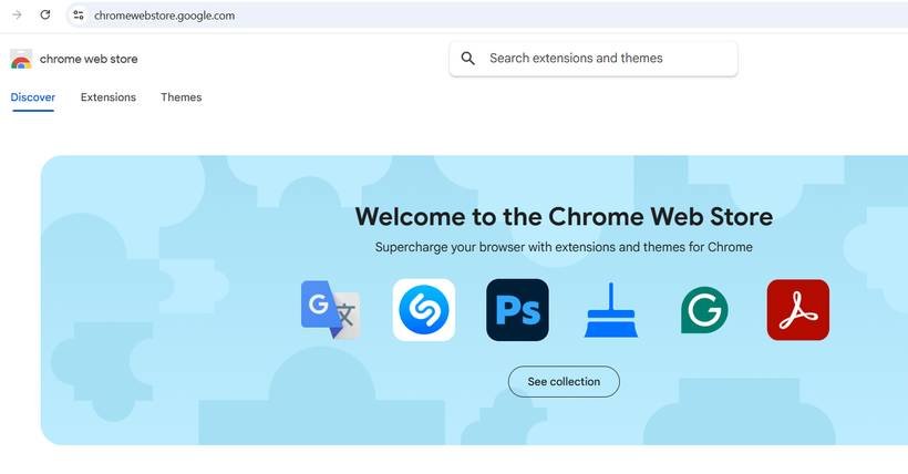 Halaman utama Chrome Web Store dengan kolom pencarian ekstensi di bagian atas