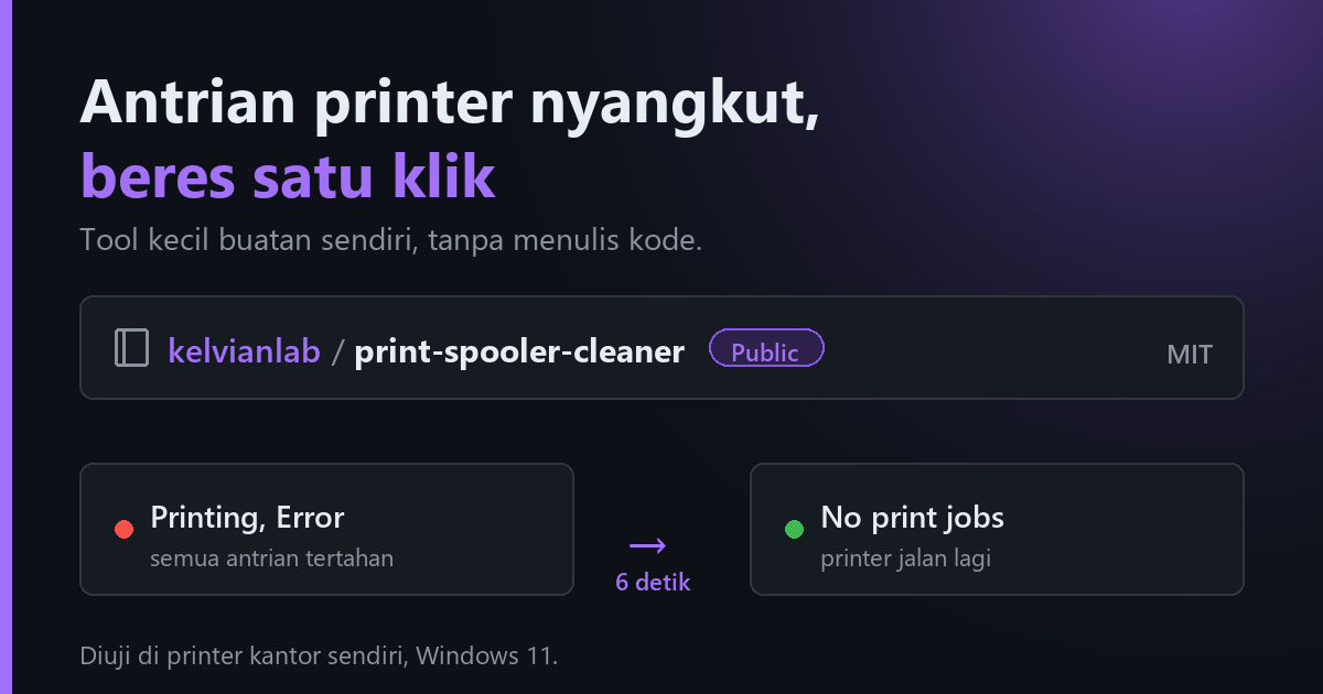 Kartu bergaya GitHub dengan aksen ungu, menampilkan repo kelvianlab print-spooler-cleaner berstatus Public lisensi MIT, serta perubahan status dari Printing Error menjadi No print jobs dalam 6 detik
