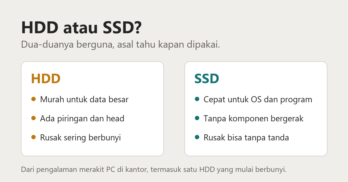 Perbandingan singkat HDD dan SSD: HDD murah untuk data besar dan sering berbunyi saat mulai rusak, SSD cepat untuk OS dan program tetapi bisa rusak tanpa tanda
