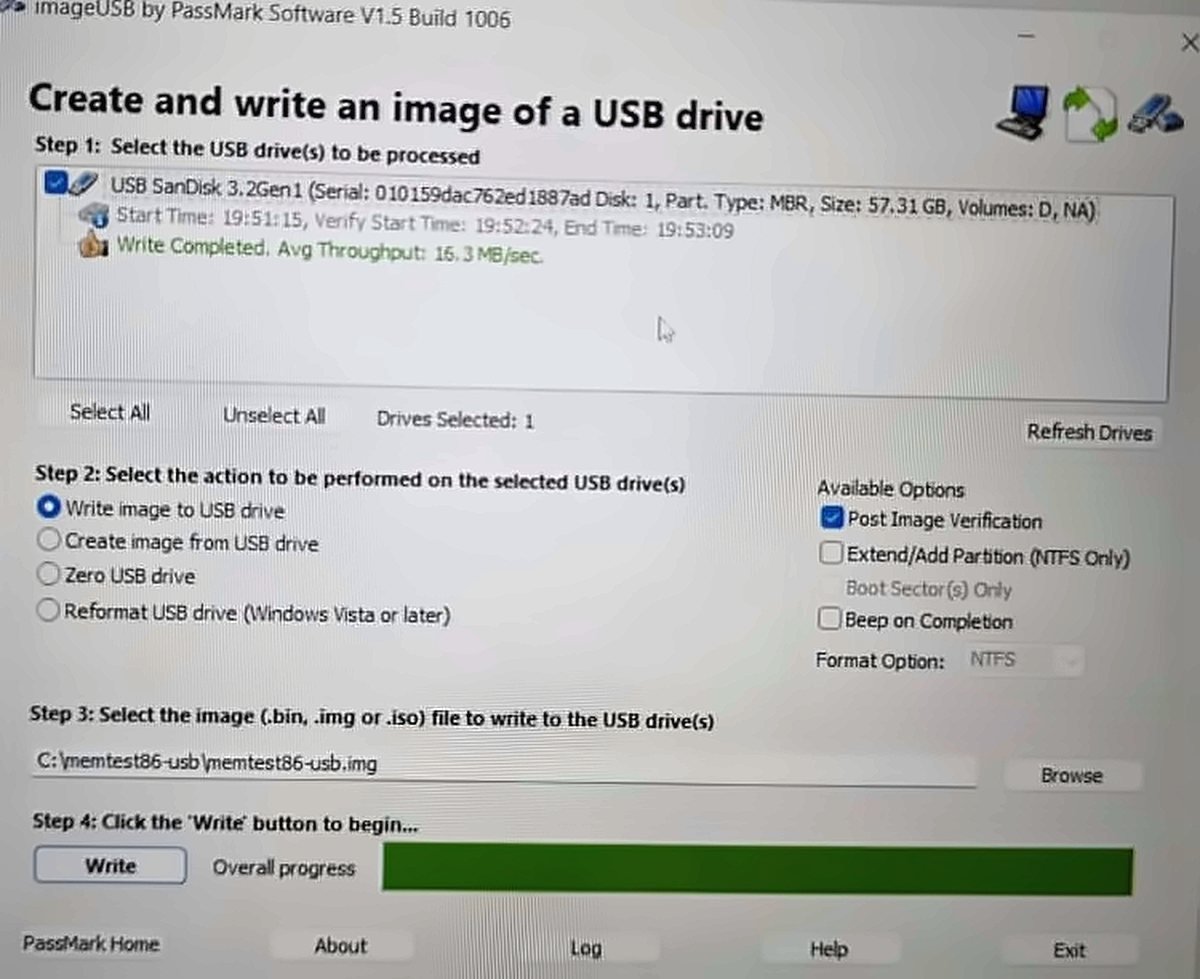 Jendela imageUSB menampilkan tulisan Write Completed berwarna hijau dan batang progress penuh