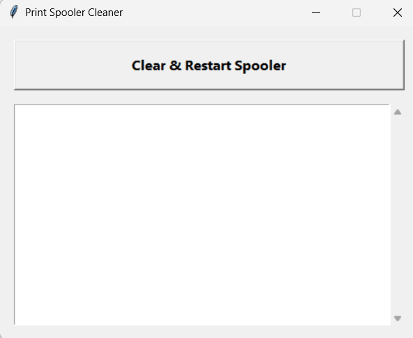 Jendela Print Spooler Cleaner dengan satu tombol Clear and Restart Spooler dan kotak log kosong di bawahnya
