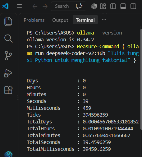 Hasil Measure-Command untuk deepseek-coder-v2:16b, TotalSeconds 39,4596259 detik