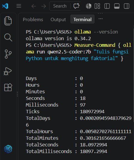 Hasil Measure-Command untuk qwen2.5-coder:7b, TotalSeconds 18,0972994 detik