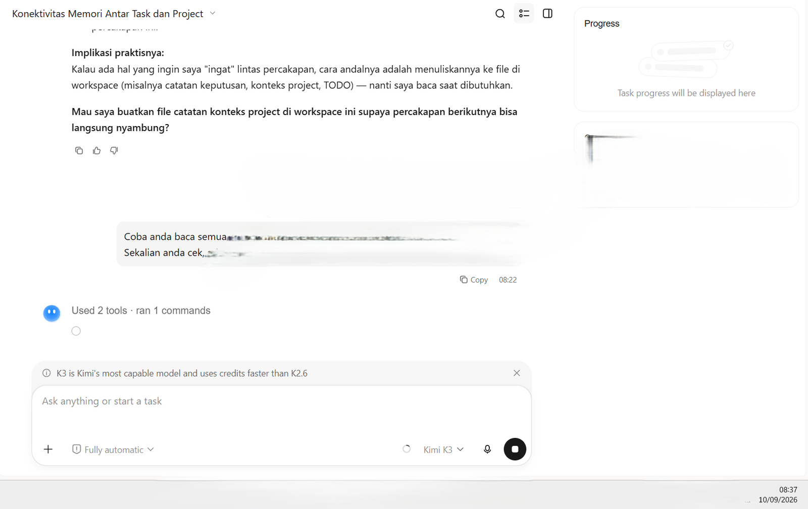 Screenshot bukti Kimi K3 tidak memberi output apa pun selama 15 menit
