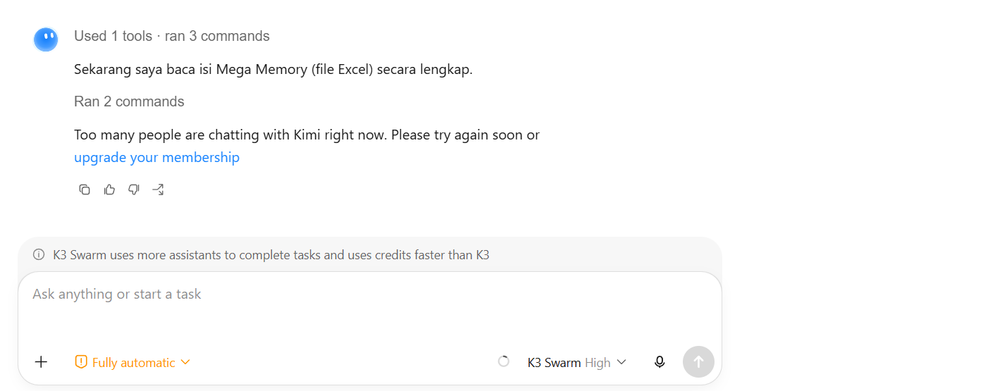 Screenshot pesan Kimi server sedang penuh dan ajakan upgrade membership padahal halaman usage kosong
