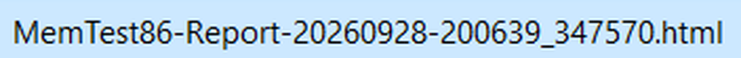 Nama berkas laporan MemTest86-Report-20260928-200639_347570.html di File Explorer