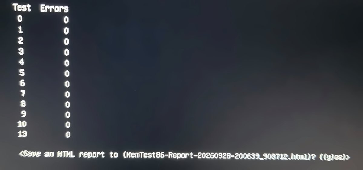 Tabel error per tes MemTest86 dengan pertanyaan Save an HTML report di baris bawah