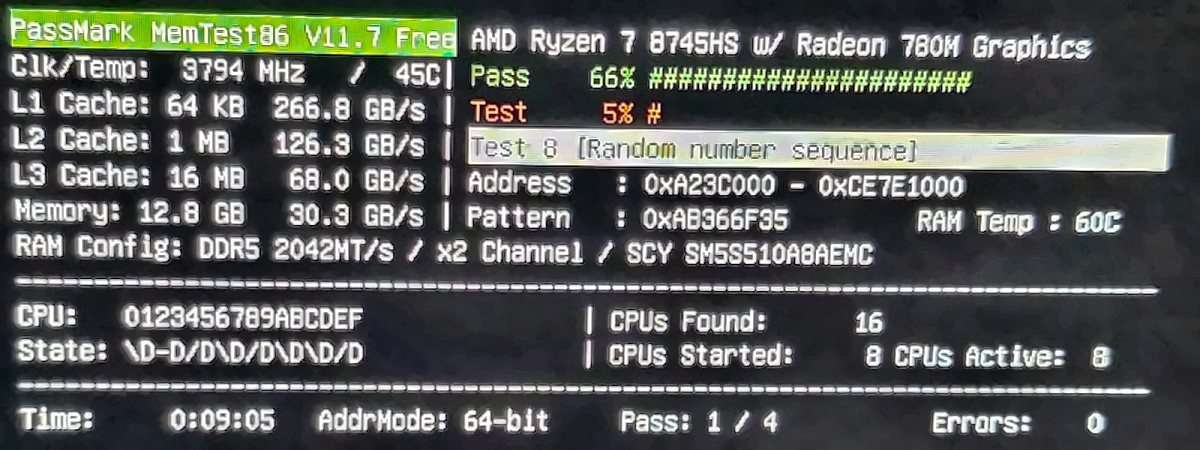Layar MemTest86 saat tes berjalan dengan Pass 1 dari 4 dan Errors 0