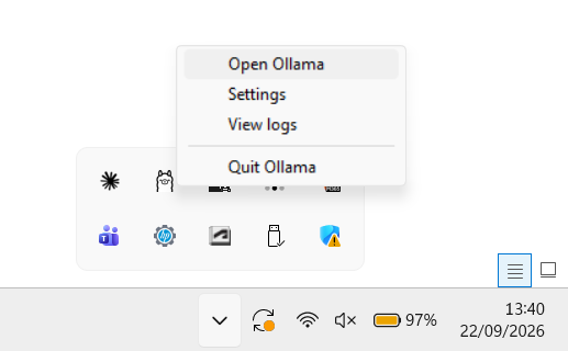 Menu klik kanan ikon Ollama di system tray Windows 11 berisi Open Ollama, Settings, View logs, dan Quit Ollama