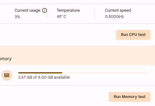 Halaman Diagnostics ChromeOS Flex menampilkan memori 2,67 GB dari 4,00 GB masih tersedia saat tidak ada aplikasi yang dibuka
