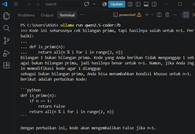 Jawaban qwen2.5-coder:7b di terminal VS Code saat diminta memperbaiki kode cek bilangan prima untuk n=1