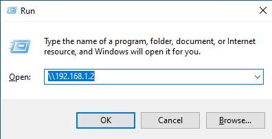 Kotak dialog Run di Windows dengan alamat dua garis miring terbalik 192.168.1.2 diketik di kolom Open