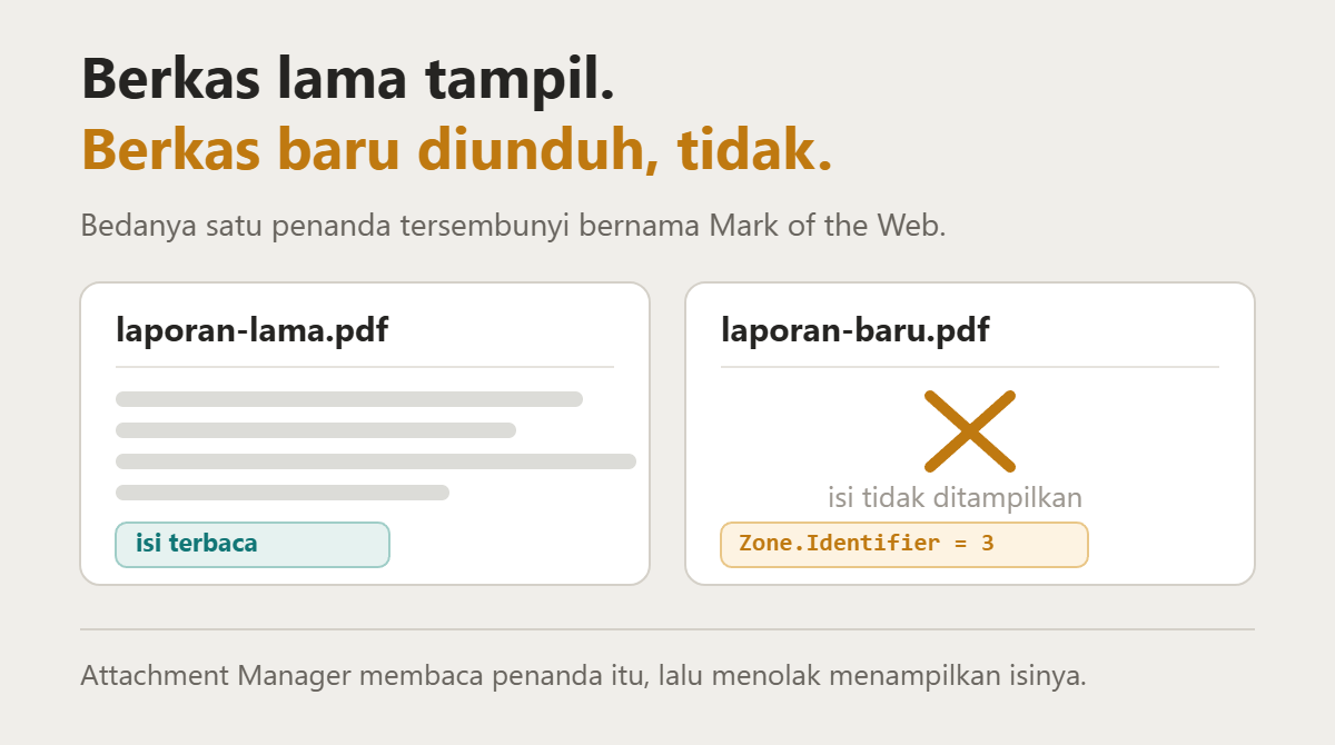 Dua panel pratinjau berdampingan: berkas lama isinya terbaca, berkas yang baru diunduh ditolak karena membawa Zone.Identifier 3