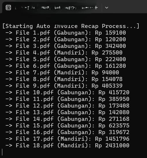 Tangkapan layar versi Python berjalan di konsol Windows, menampilkan daftar berkas PDF beserta jenis dan nominalnya