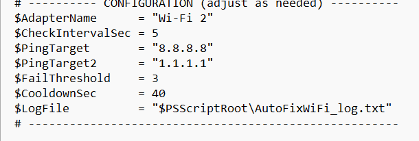 Bagian konfigurasi script AutoFixWiFi.ps1: nama adapter, interval cek, dan target ping
