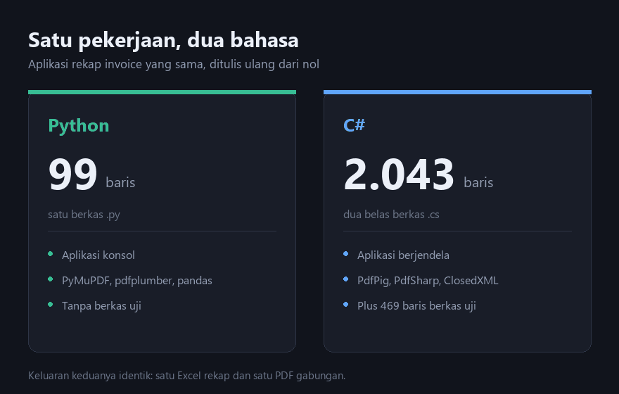 Perbandingan aplikasi rekap invoice versi Python 99 baris dan versi C# 2.043 baris