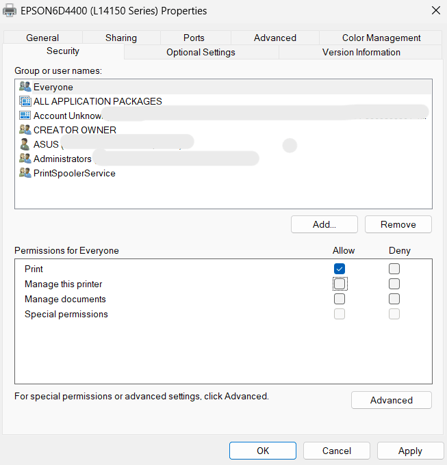 Tab Security di jendela Printer properties Windows, dengan user Everyone dipilih dan izin Print dicentang di kolom Allow