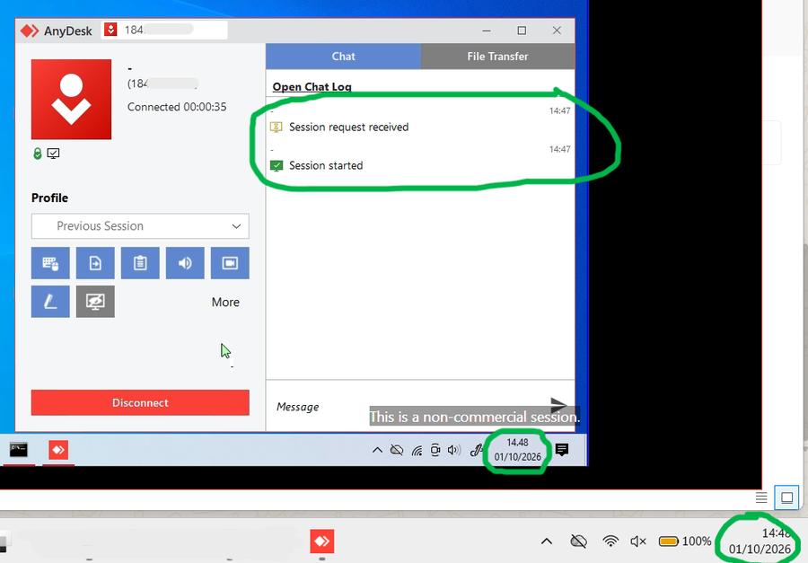 Jendela AnyDesk dengan log Session request received dan Session started jam 14.47 serta keterangan This is a non-commercial session