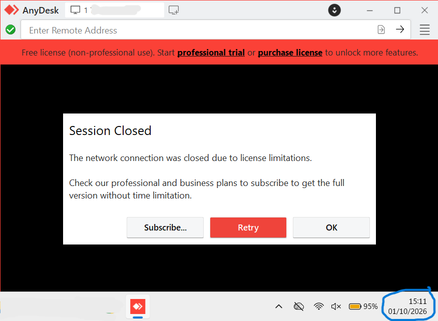 Kotak Session Closed di AnyDesk karena batasan lisensi pada pukul 15.11, salah satu perbedaan TeamViewer dan AnyDesk versi gratis