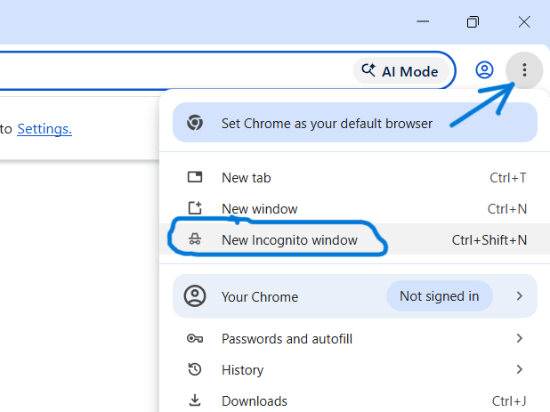 Menu tiga titik Chrome dengan pilihan New Incognito window dan pintasan Ctrl Shift N
