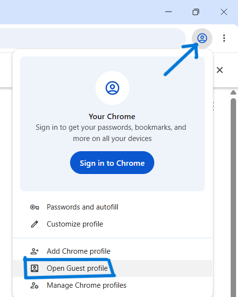 Panel profil Chrome dengan pilihan Open Guest profile untuk membuka mode tamu