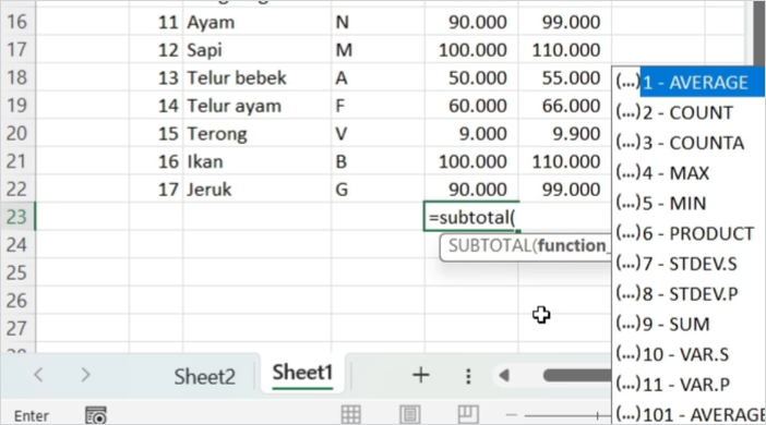 Daftar nomor fungsi SUBTOTAL di Excel, dari 1 AVERAGE sampai 11 VAR.P
