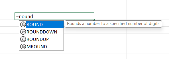 Daftar rumus pembulatan Excel yang muncul saat mengetik =round, berisi ROUND, ROUNDDOWN, ROUNDUP, dan MROUND