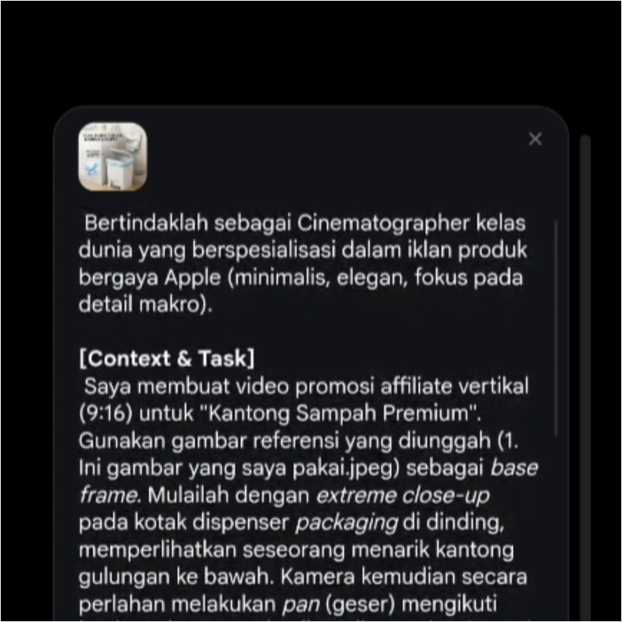 Gambar produk sudah menempel di kolom prompt Google Flow bersama teks promptnya