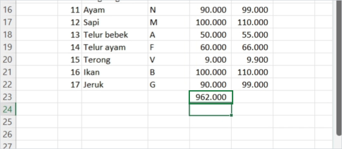 Hasil rumus SUBTOTAL 962.000 sebelum data difilter di Excel