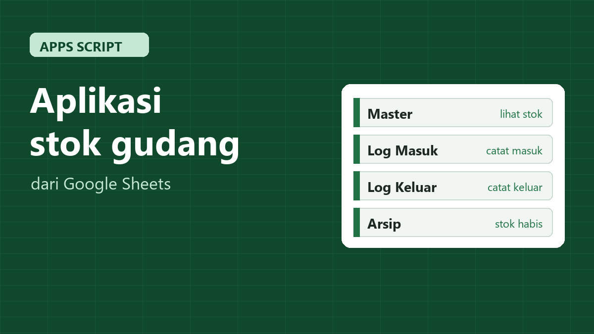 Aplikasi stok gudang dari Google Sheets dengan empat sheet Master, Log Masuk, Log Keluar, dan Arsip