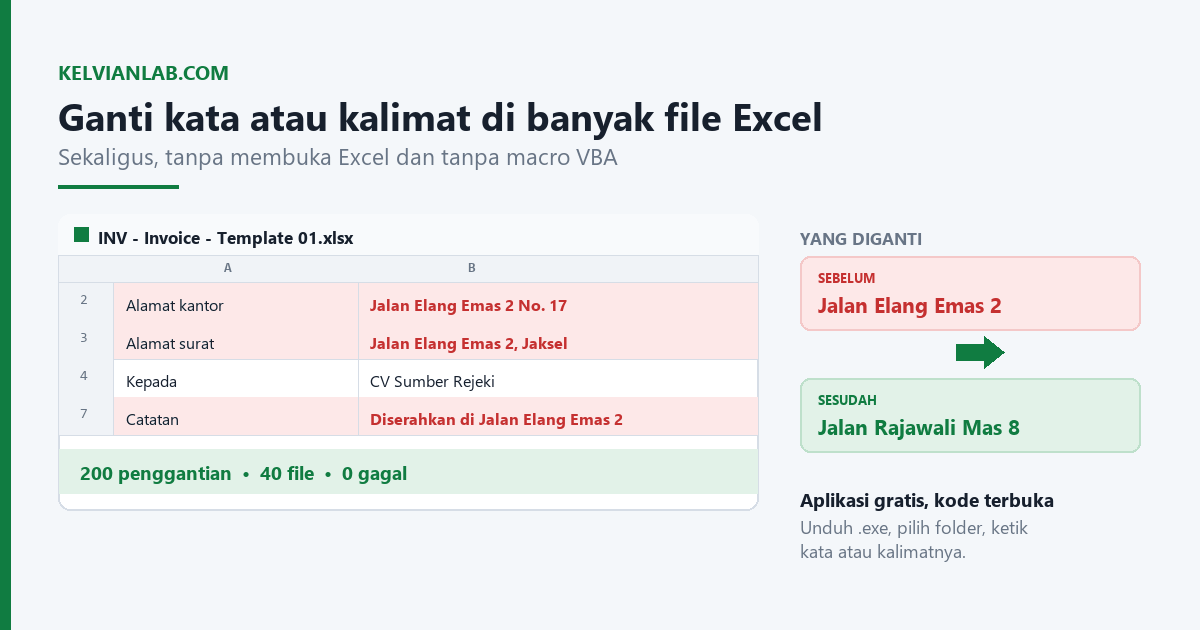 Cara mengganti kata di Excel sekaligus di banyak file tanpa macro VBA, 200 penggantian di 40 file tanpa satu pun gagal