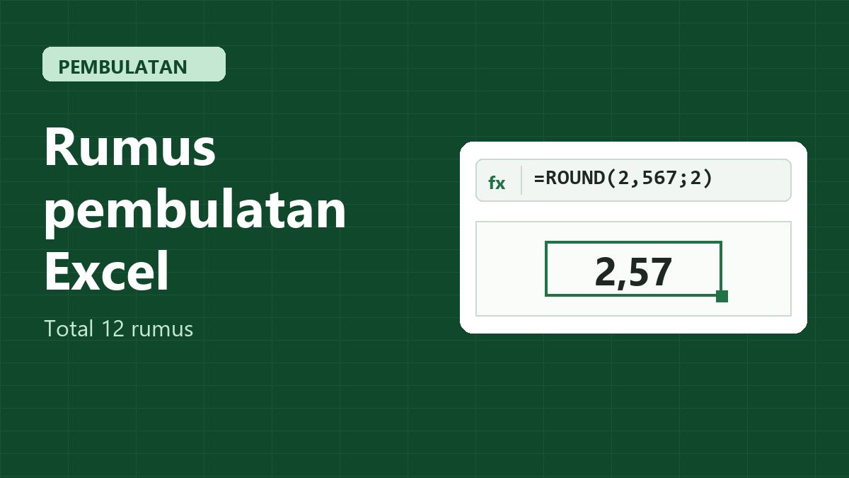 Total 12 rumus pembulatan Excel dengan contoh ROUND(2,567;2) yang menghasilkan 2,57