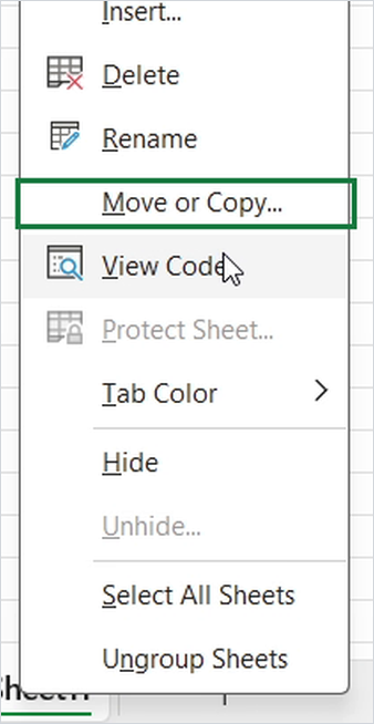 Menu klik kanan tab sheet Excel dengan pilihan Move or Copy ditandai