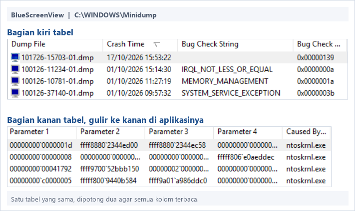 Tabel BlueScreenView dipotong dua, bagian kiri memperlihatkan Dump File, Crash Time, Bug Check String, Bug Check Code, bagian kanan memperlihatkan Parameter 1 sampai 4 dan Caused By Driver