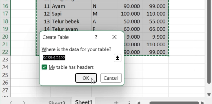 Kotak dialog Create Table di Excel dengan pilihan My table has headers tercentang