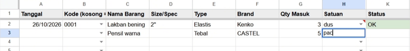 Sheet Log Masuk di Google Sheets dengan tanggal, kode barang 0001, dan status OK yang terisi otomatis oleh Apps Script