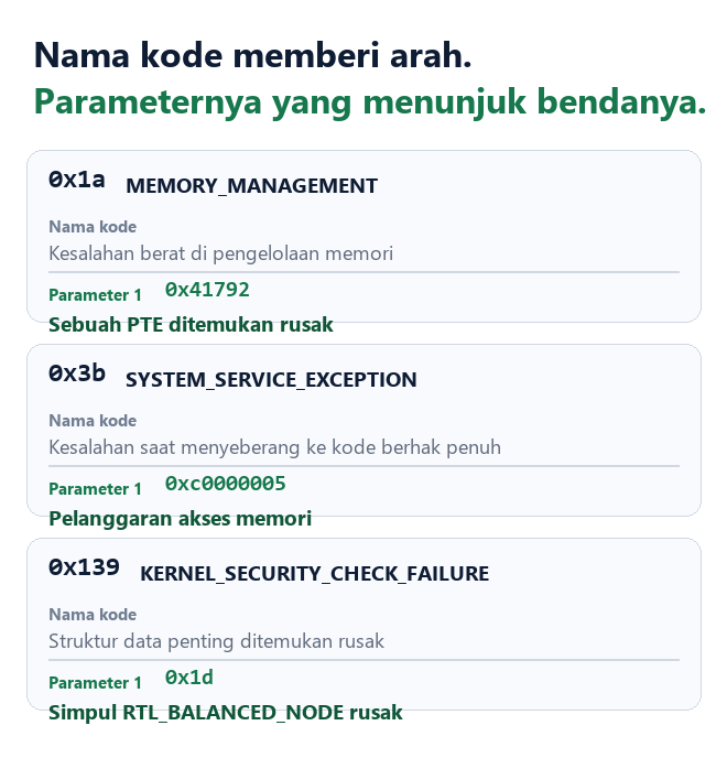 Bagan penguraian parameter bluescreen, kode 0x1a dengan parameter 0x41792 berarti PTE ditemukan rusak
