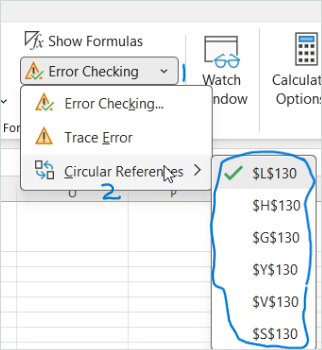 Menu Error Checking Excel menampilkan daftar sel Circular References