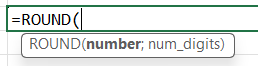 Petunjuk argumen rumus ROUND di Excel yang menampilkan number dan num_digits dipisah titik koma