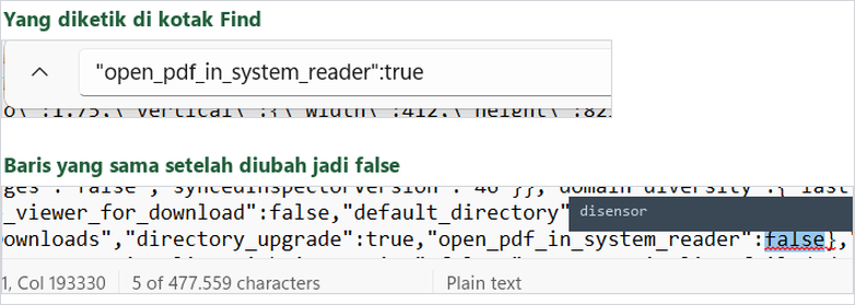 Baris yang sama di Notepad setelah open_pdf_in_system_reader diubah menjadi false