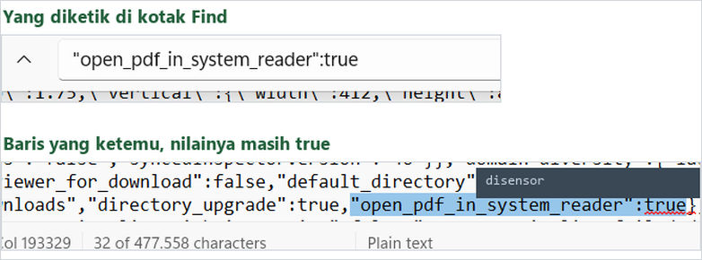 Hasil pencarian di Notepad menunjukkan open_pdf_in_system_reader bernilai true