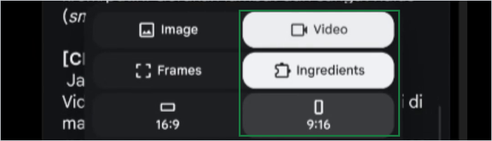 Setelan Google Flow: pilih Video, Ingredients, dan rasio 9:16