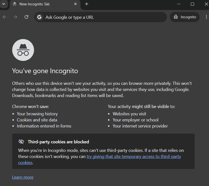 Layar pembuka incognito Chrome yang menjelaskan apa yang tidak disimpan dan siapa yang masih bisa melihat aktivitas