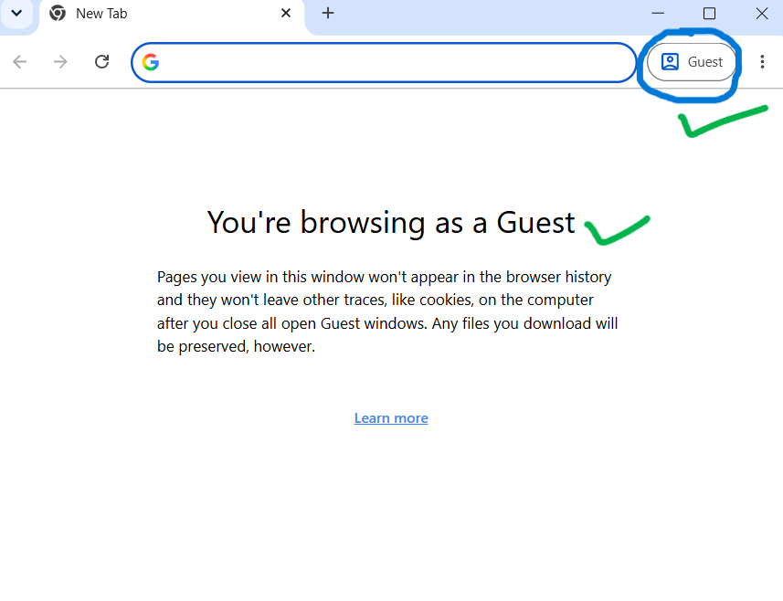Layar pembuka mode tamu Chrome dengan tombol Guest di pojok kanan atas dan keterangan jejak dihapus setelah semua jendela tamu ditutup